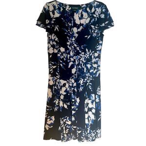 Lauren Ralph Lauren Navy Blue White Crossover V Neck Ruffle Sleeves Dress  12